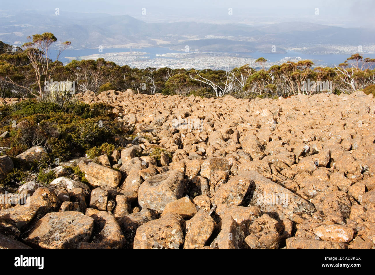Australia Tasmania Hobart paesaggio vulcanico e la città vista dal Monte Wellington Foto Stock