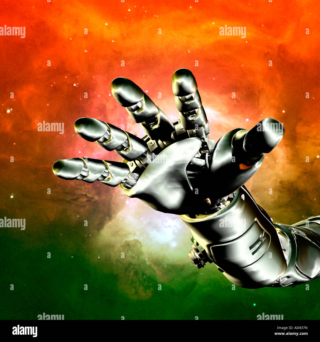 Vista concettuale di acciaio mano robotica e il braccio del 3D generata da computer di carattere robot miscelato sulla galassia nello spazio esterno Foto Stock