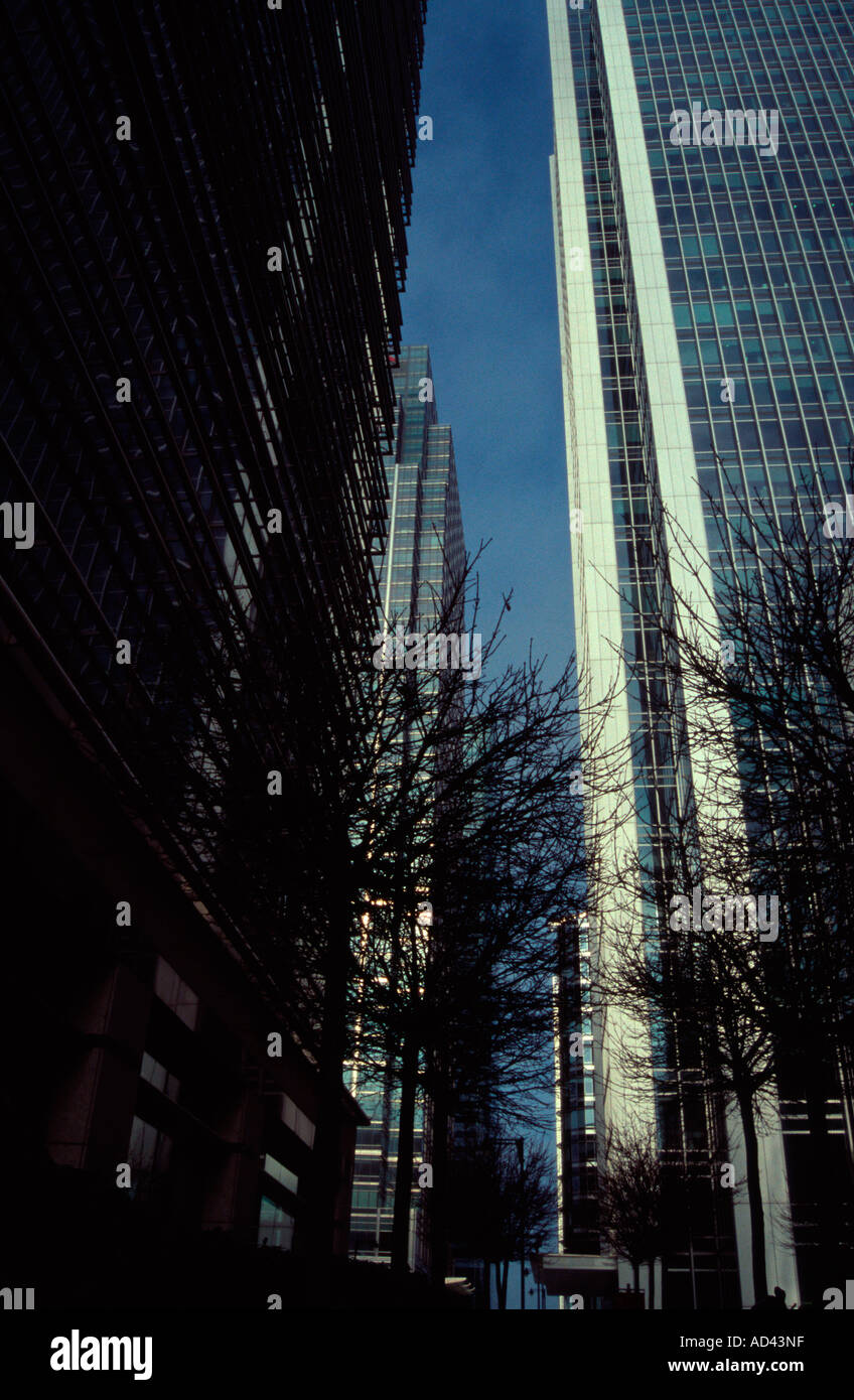 Guardando attraverso due ufficio blocchi torre Canary Wharf London, Regno Unito Foto Stock