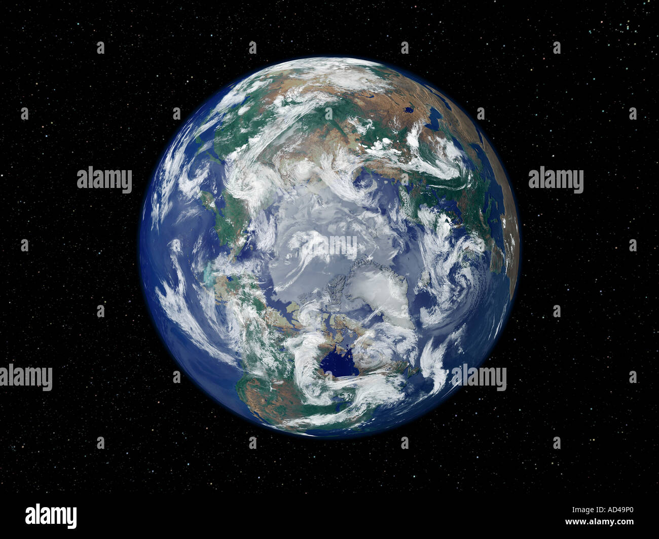 Completamente illuminata immagine della terra centrata sul polo nord Foto Stock