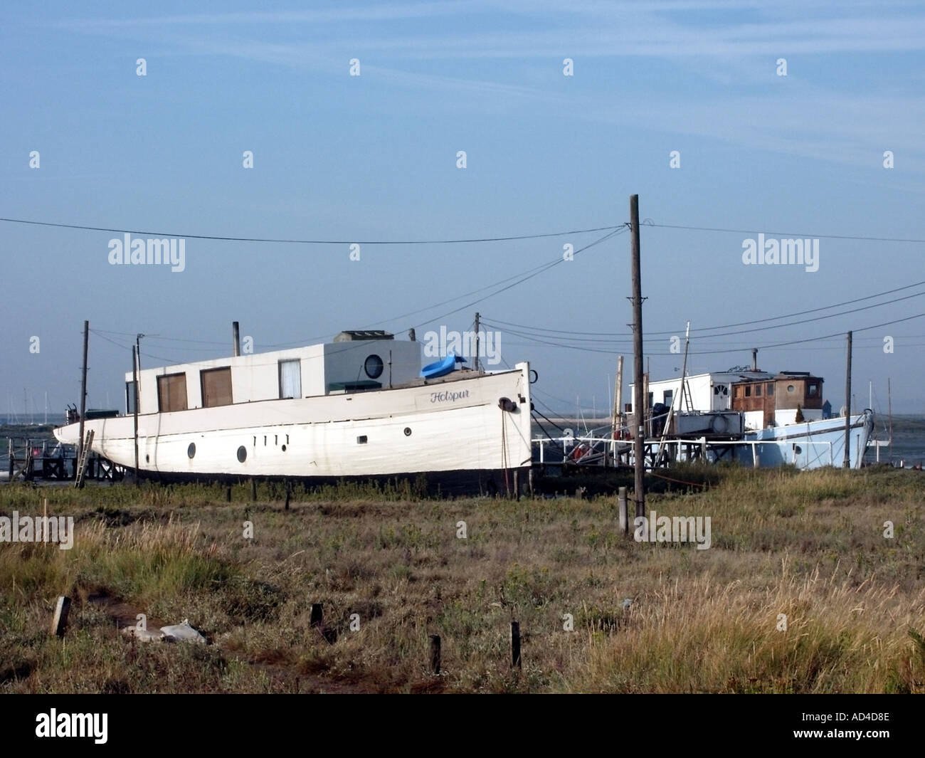 West Mersea house boats in appoggio sul fango erbosa appartamenti sulla riva del canale Strood vicino al fiume Blackwater estuary Foto Stock