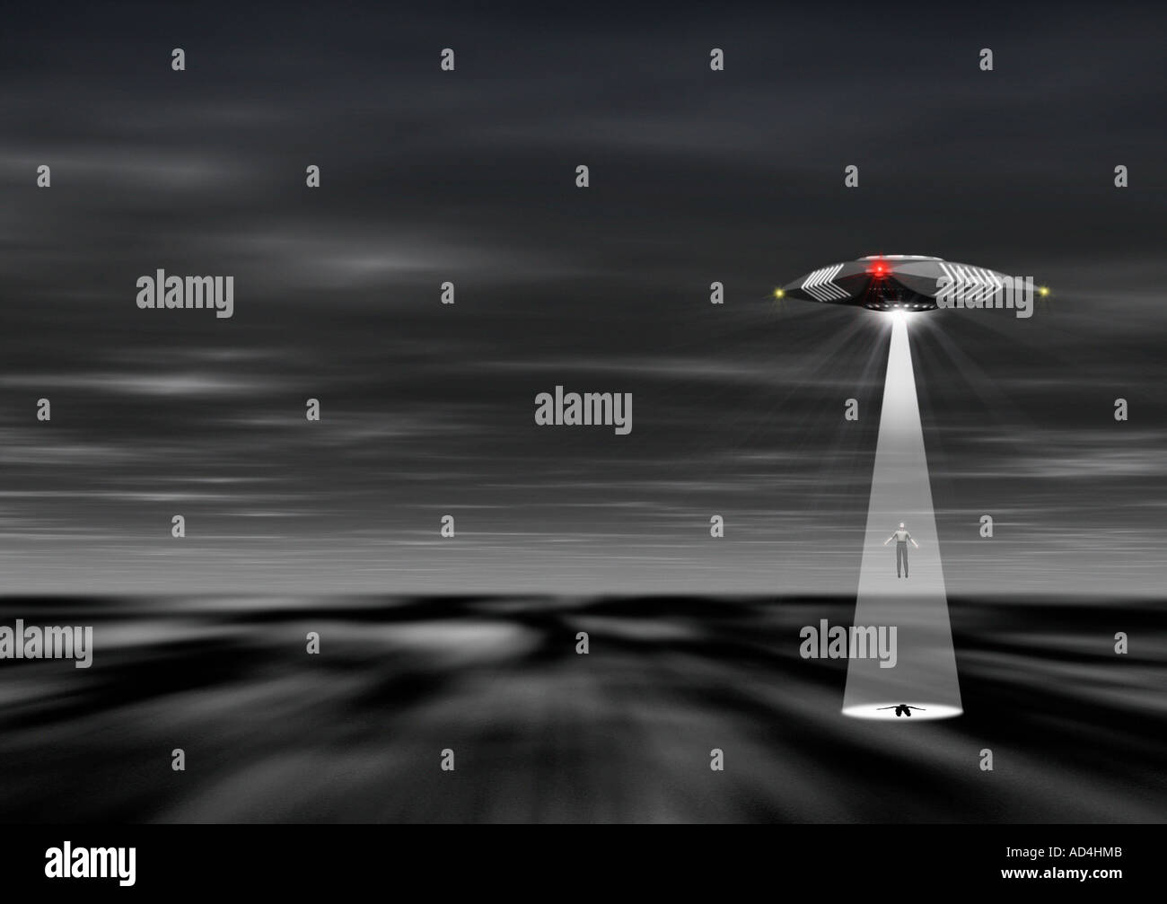 Computer generato illustrazione dell uomo di essere rapiti da UFO (versione orizzontale) Foto Stock