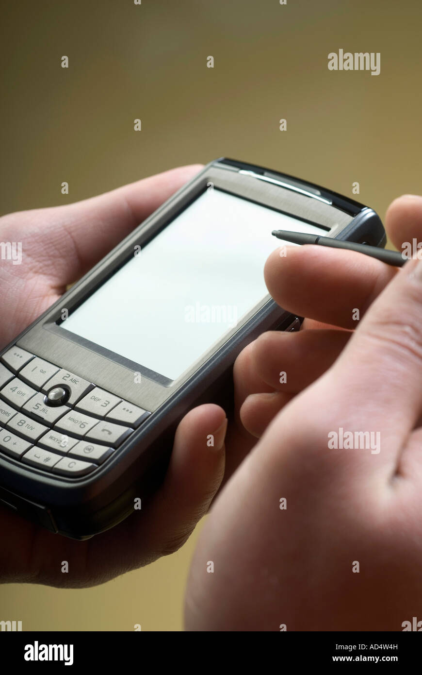 Dettaglio di una donna usando un telefono cellulare con una penna digitalizzata Foto Stock