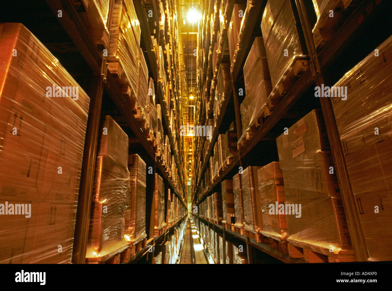 Prodotti avvolti in una pellicola termocontrattile sul pallet impilati piena in un alloggiamento alto automatizzato di magazzino moderno Foto Stock