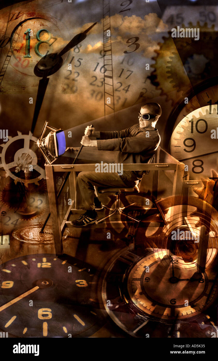 Uomo a cavallo di un time machine tempo concetto di viaggio Foto Stock