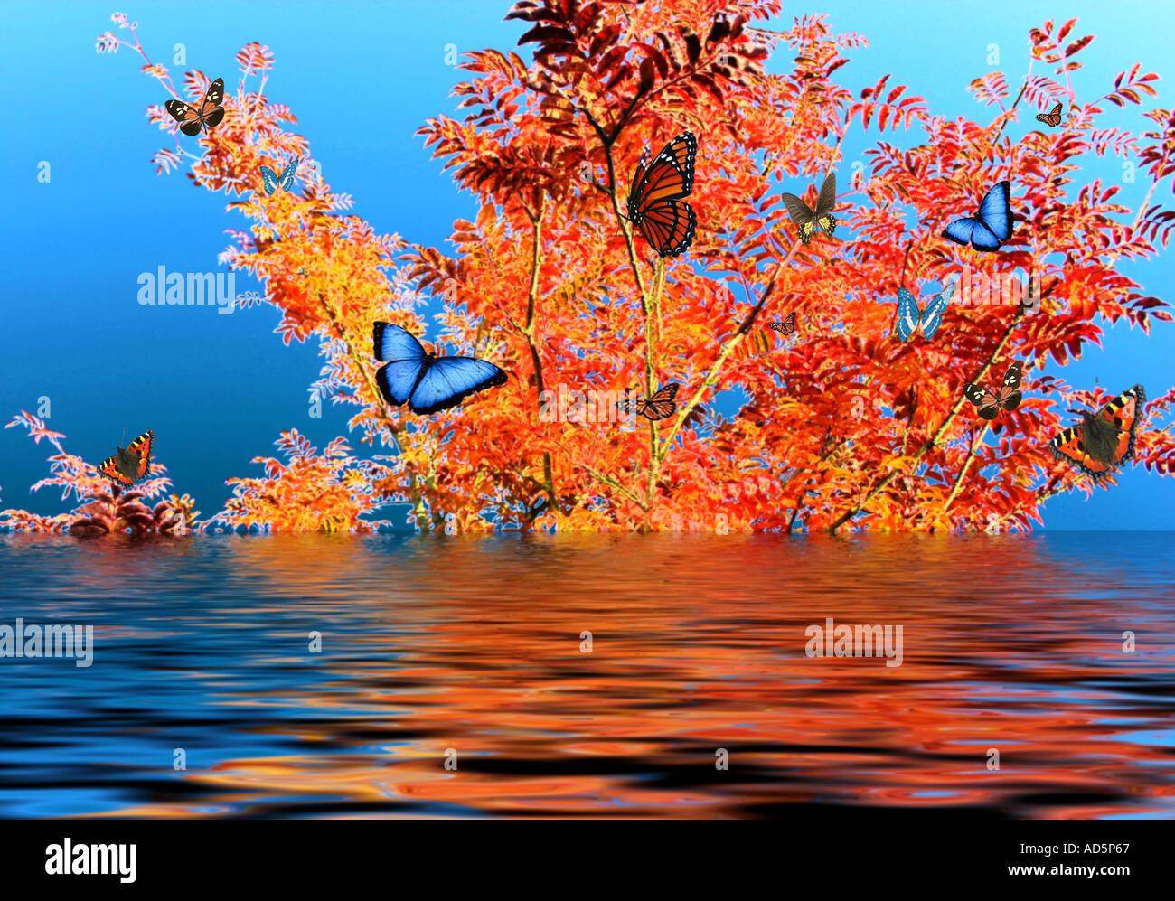 Arte digitale di farfalle nel diluvio sui rami di autunno Foto Stock