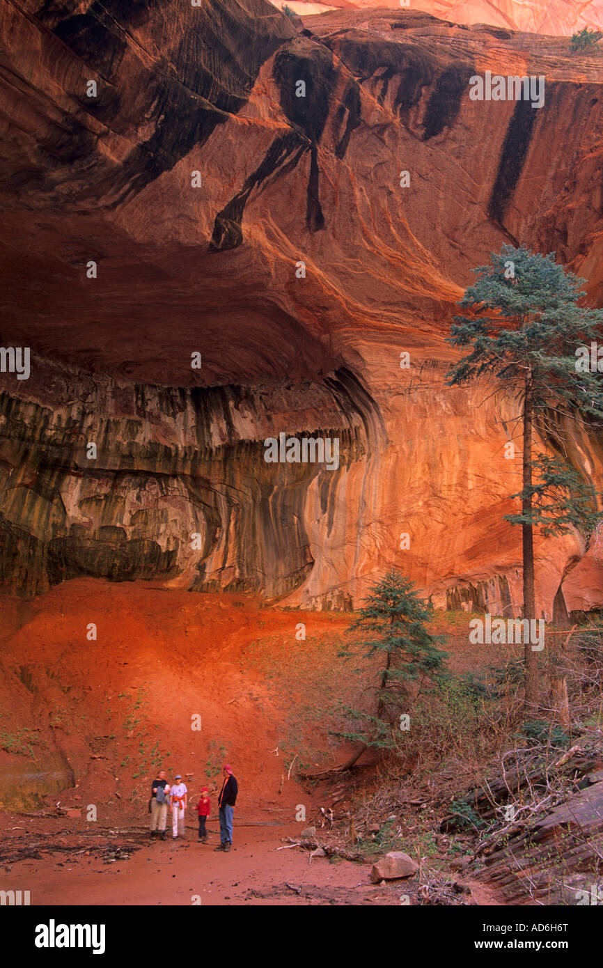 Famiglia all'interno di Red Rock Canyon pareti della doppia arcata alcova Taylor Creek Trail Kolob Canyon Zion National Park nello Utah Foto Stock