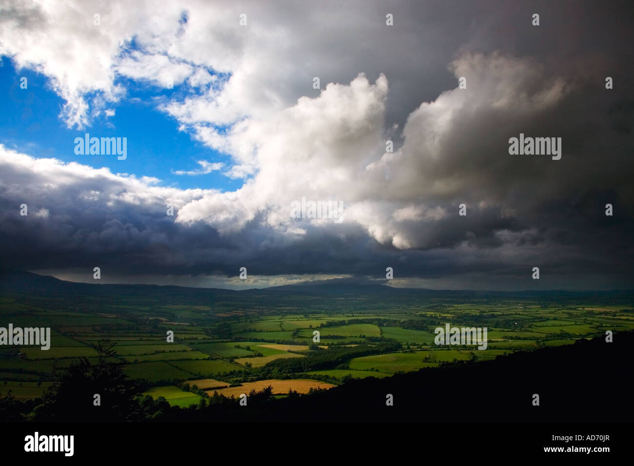 Un mosaico di campi di smeraldo da Croaghaun Hill - un affioramento del Comeragh montagne, nella contea di Waterford, Irlanda Foto Stock