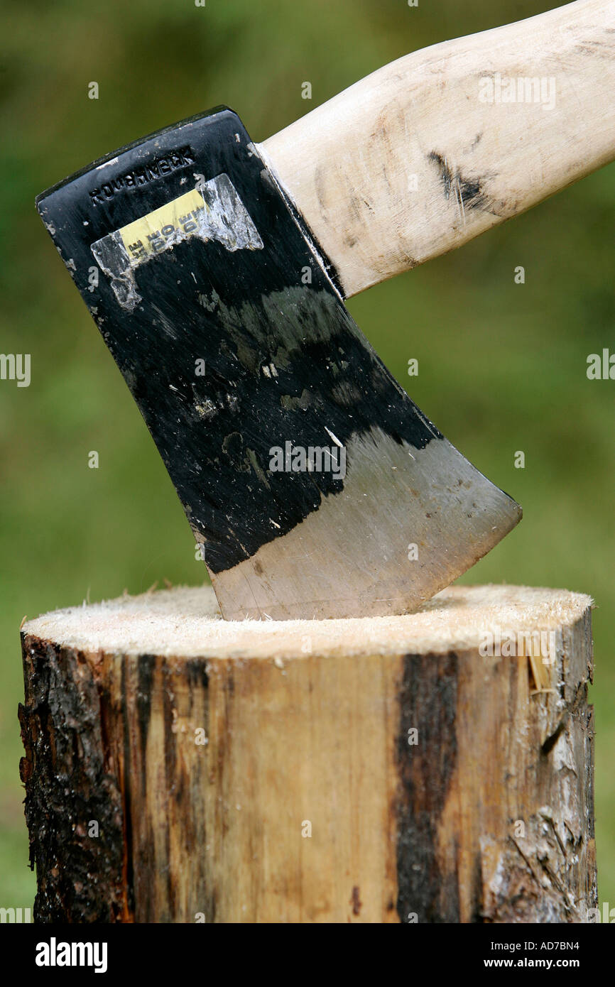 Ax aderisce all'interno di un blocco di legno Foto Stock