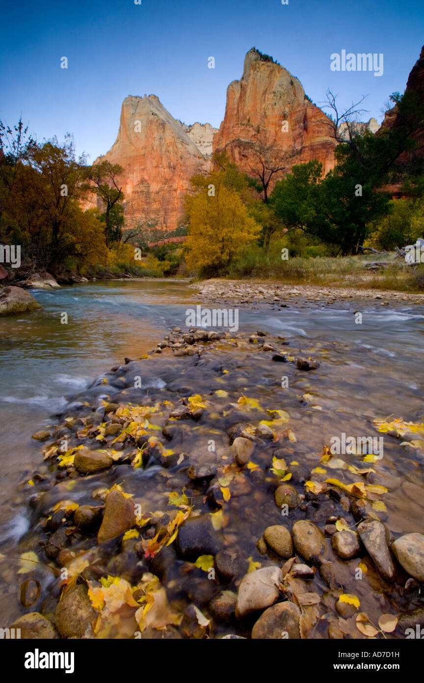 La luce del mattino sulla Corte dei patriarchi sopra il fiume vergine Zion Canyon Zion National Park nello Utah Foto Stock