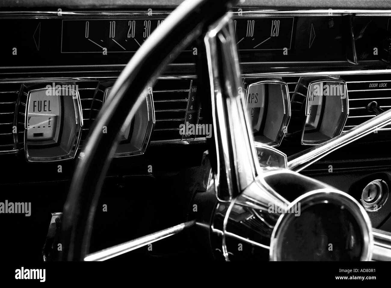 Antica macchina volante e Cruscotto con indicatori in bianco e nero Foto Stock