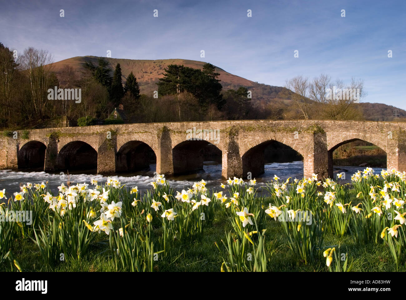 Ponte sul fiume Usk a Abergavenny con la montagna Blorange in background. Foto Stock