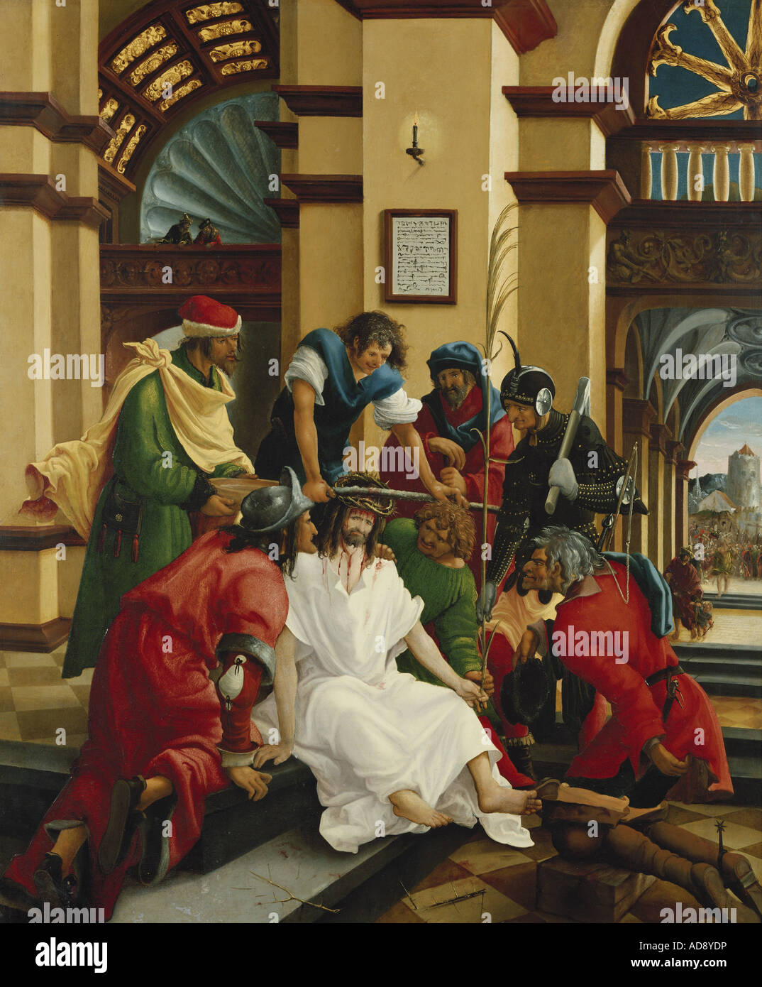 Belle arti, Altdorfer, Albrecht (circa 1480 - 1538), Ancona, Sebastiansaltar, Cristo coronato di spine, 1509 - 1518, legno, 112 cm x 94 cm, i Canonici Regolari di sant'Agostino monastero, Sankt Florian, artista del diritto d'autore non deve essere cancellata Foto Stock