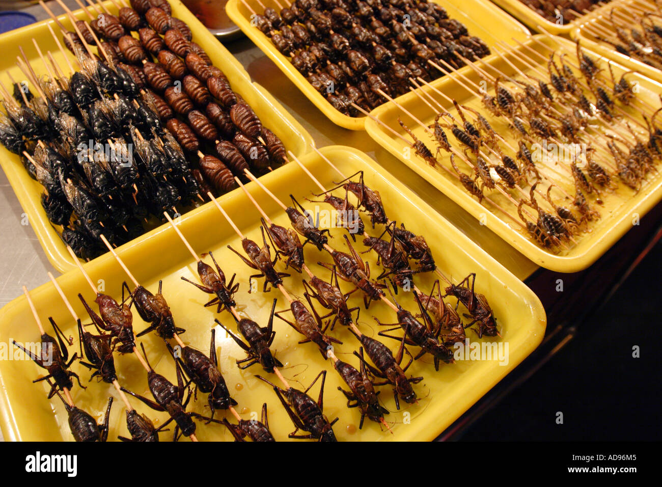 Bug in vendita presso la Donghuamen Night mercato alimentare a Beijing in Cina Foto Stock