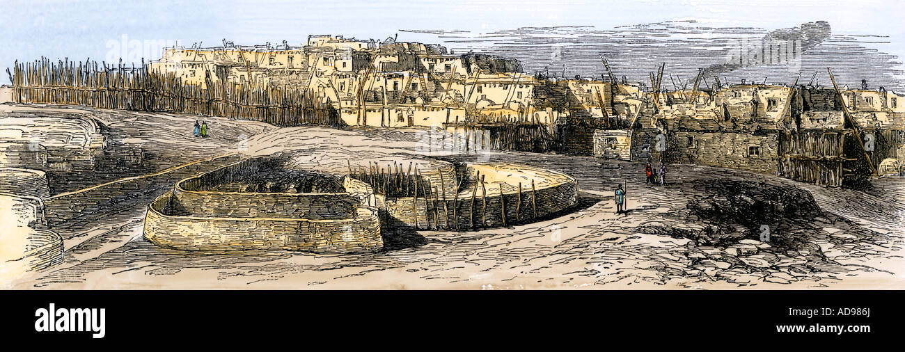 Pueblo villaggio indiano nel Nuovo Messico 1800s. Colorate a mano la xilografia Foto Stock