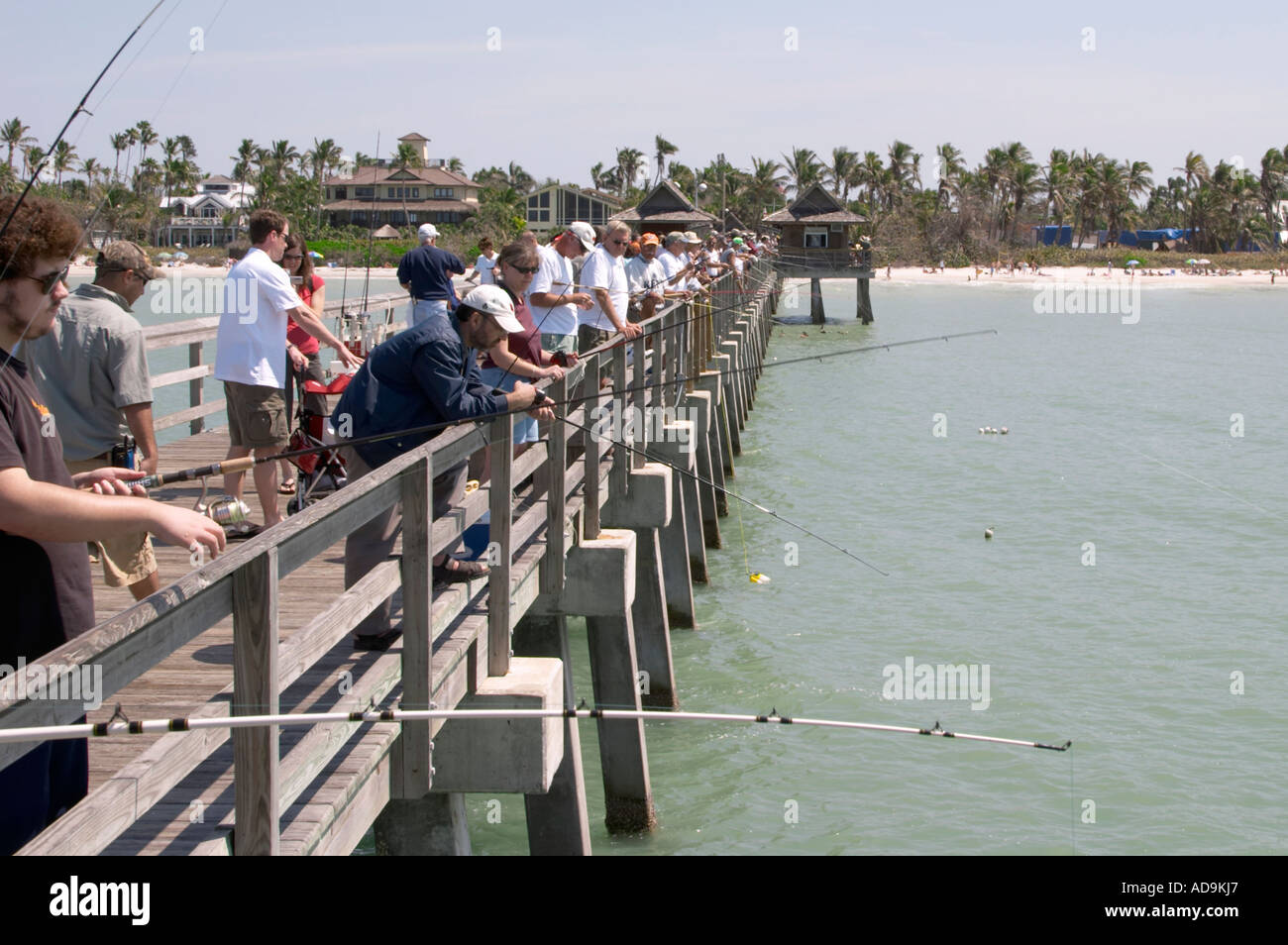 La pesca nel golfo del Messico dal molo di Napoli Florida Foto Stock
