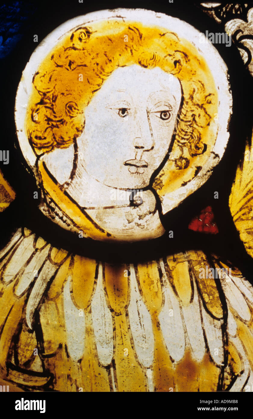 In prossimità della testa e le spalle di un angelo in armatura o piume dipinte su vetro macchiato Foto Stock