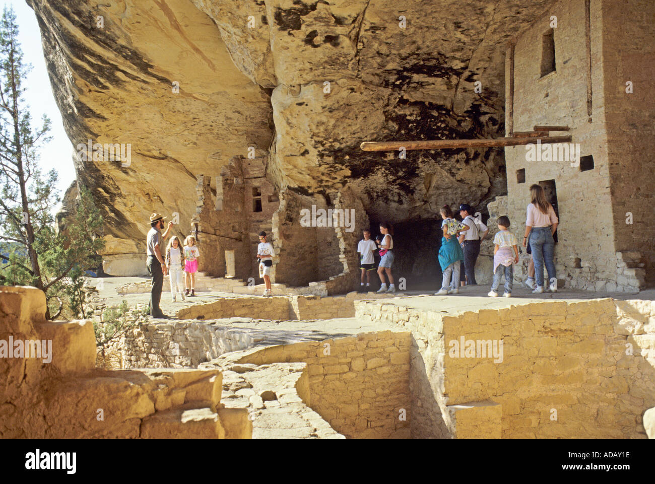 Ranger con il gruppo turistico balcone Casa Mesa Verde Colorado USA Foto Stock