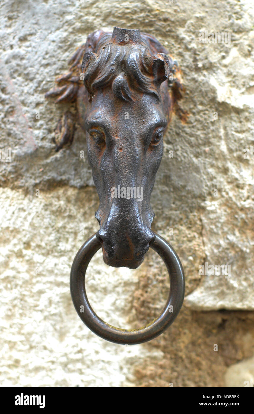 Cavalli testa montata sulla parete, Vézelay , Francia. Foto Stock