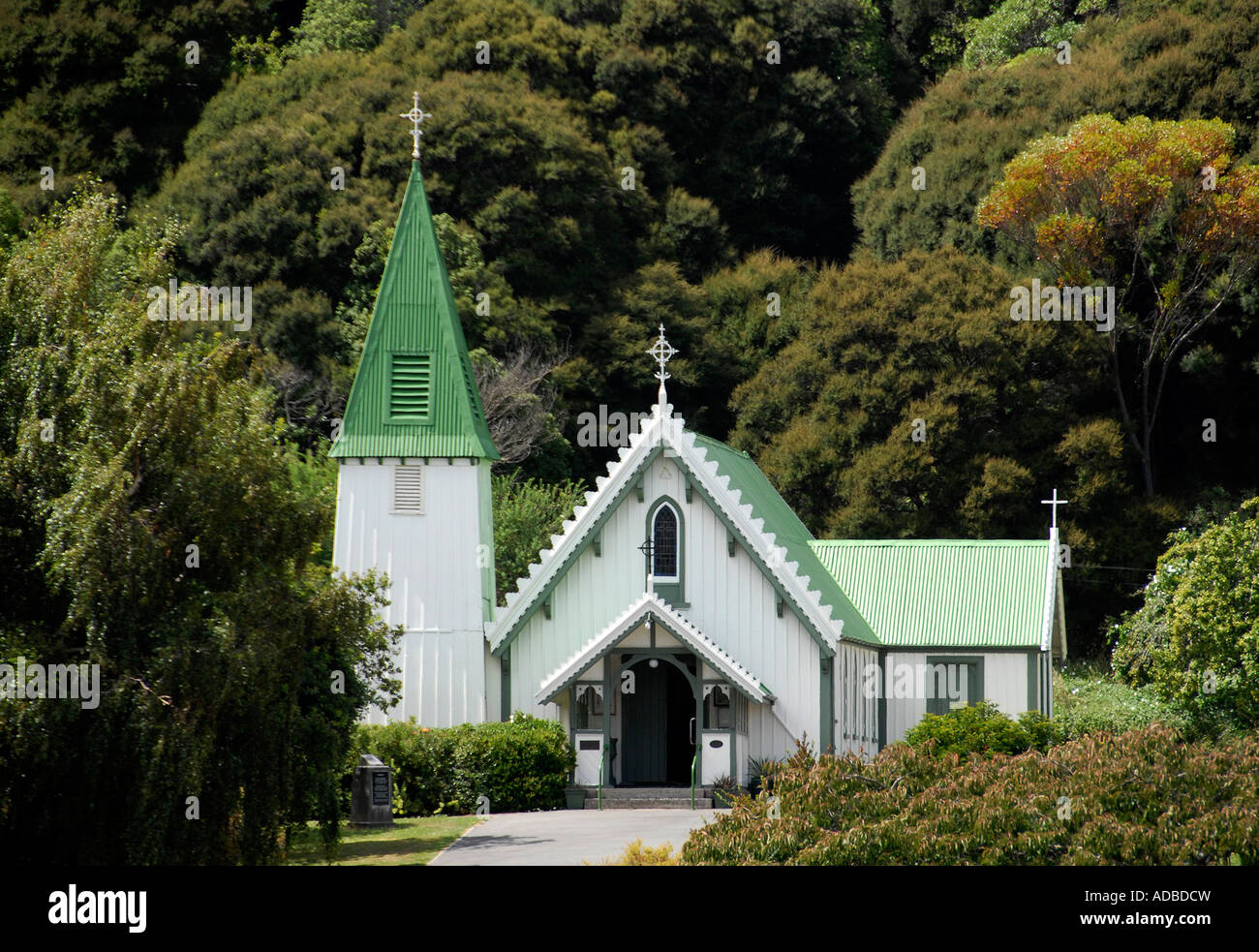 St Patricks chiesa cattolica Akaroa banche Peninsular Isola del Sud della Nuova Zelanda Foto Stock