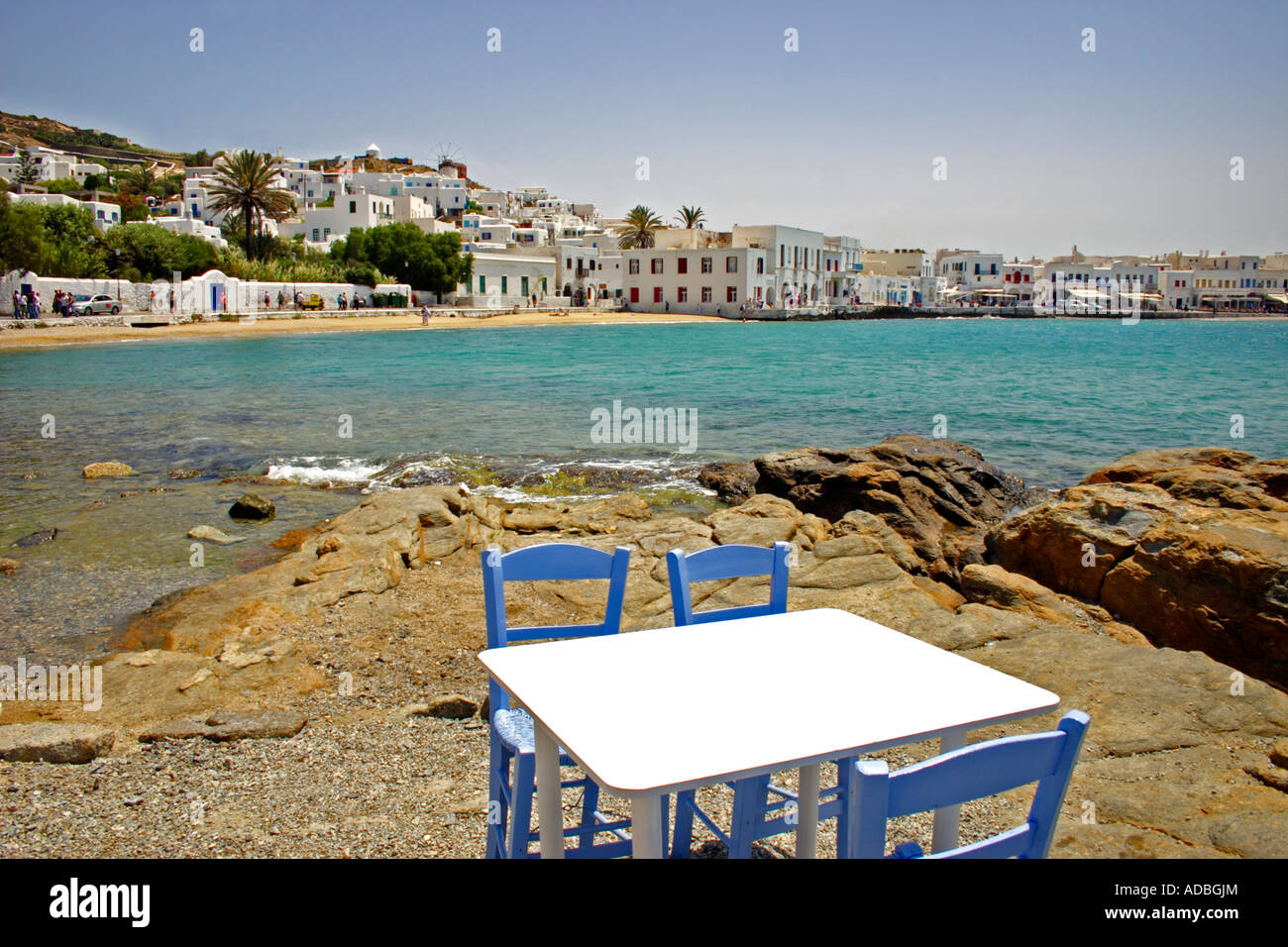 Litorale, Porto di Mykonos in Grecia Foto Stock