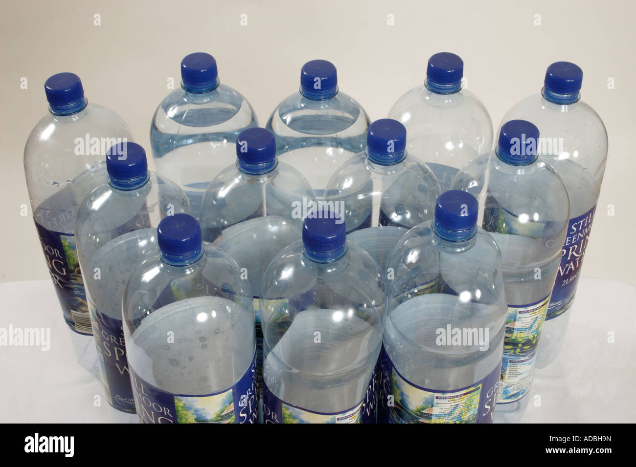 Studio shot di dodici 2 litro di plastica le bottiglie di acqua Foto Stock