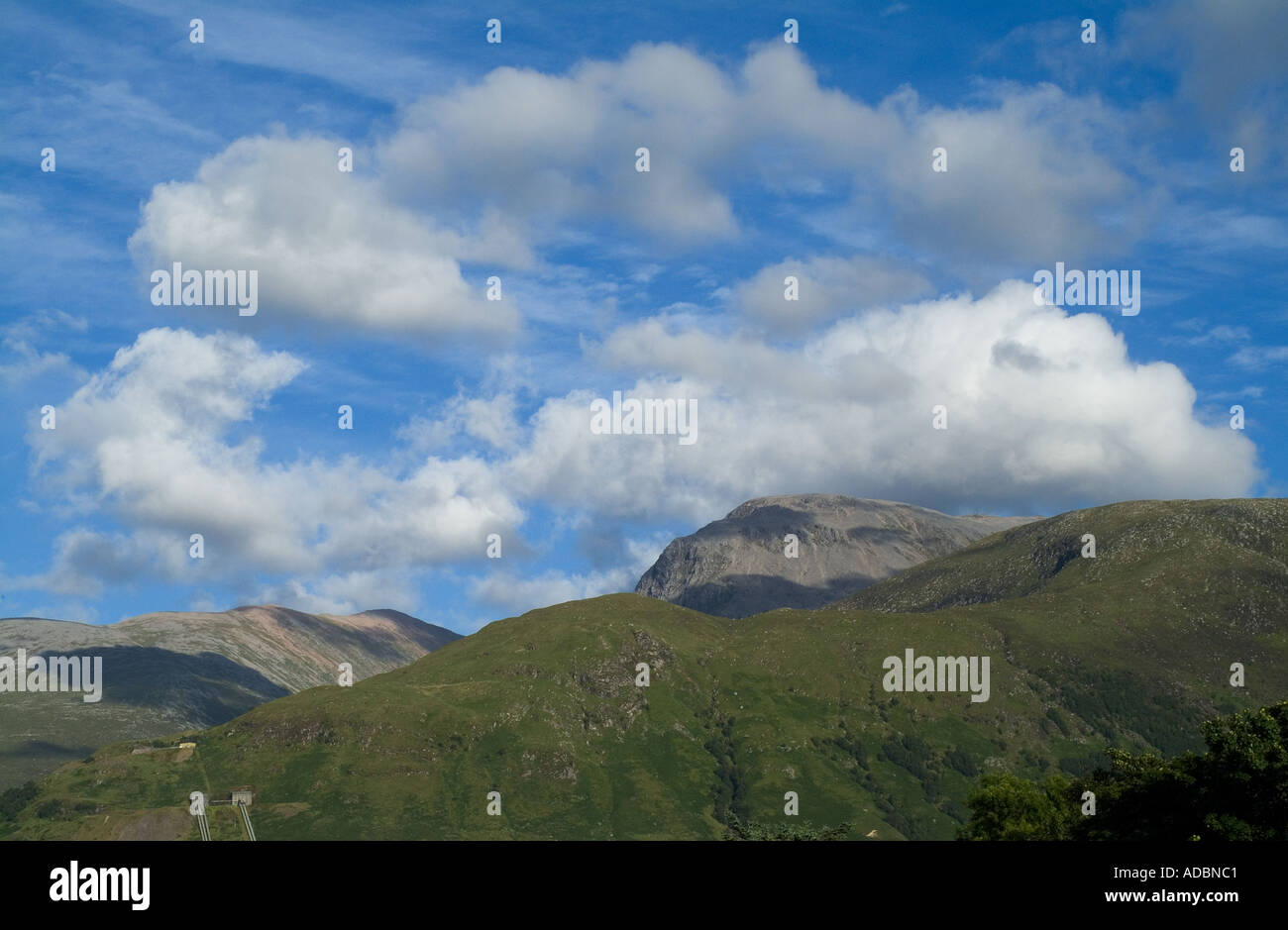 Dh Ben Nevis Fort William INVERNESSSHIRE Ben Nevis mountain top con il blu del cielo e le soffici nuvole Foto Stock