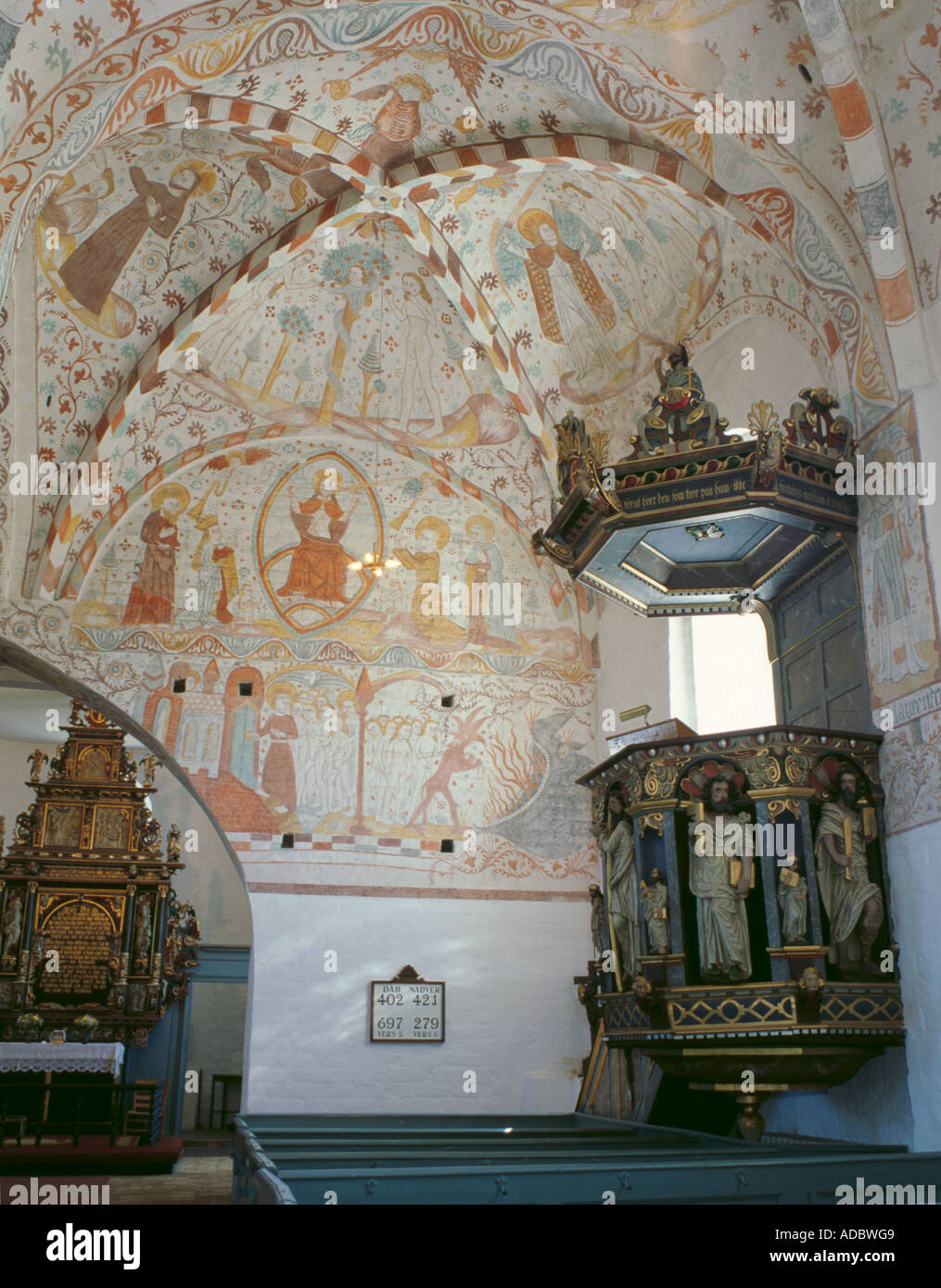 Affreschi interni, Fanefjord Kyrka, Fanefjord, Møn, Danimarca. Foto Stock