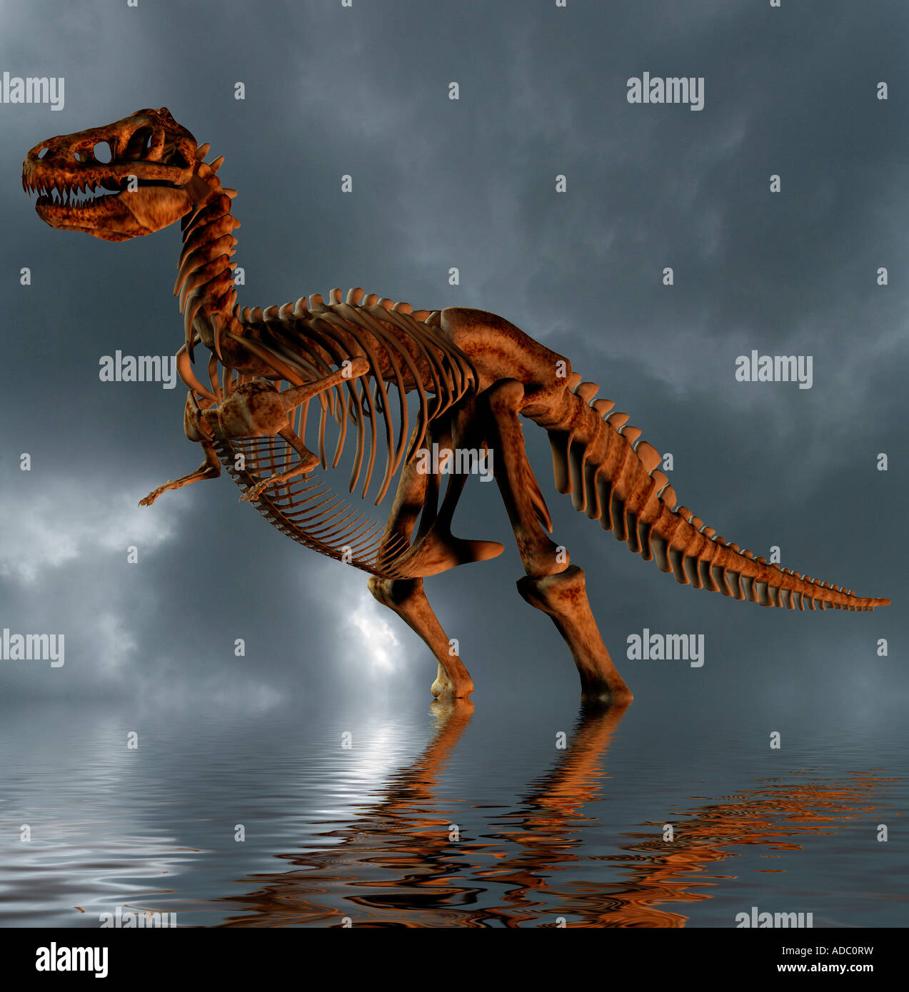Computer generate concetto di un preistorico T rex scheletro di dinosauro in un lago poco profondo Foto Stock