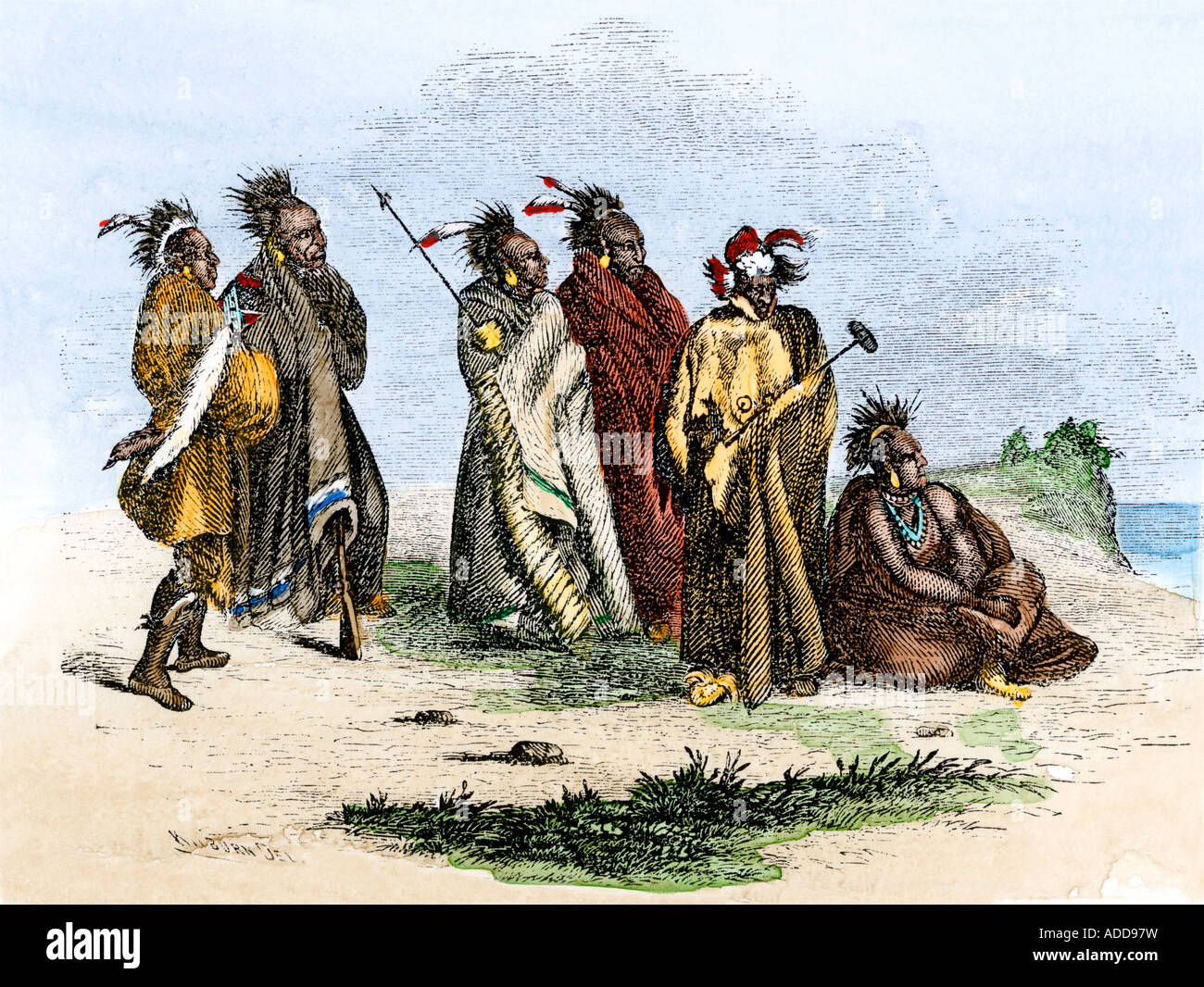 Sauk e Fox indiani, Algonquian boschi che parla di persone della regione dei Grandi Laghi 1850s. Colorate a mano la xilografia Foto Stock