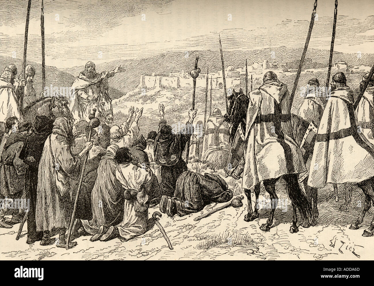 Pellegrini sotto scorta dei cavalieri templari in vista di Gerusalemme nel XIV secolo. Foto Stock