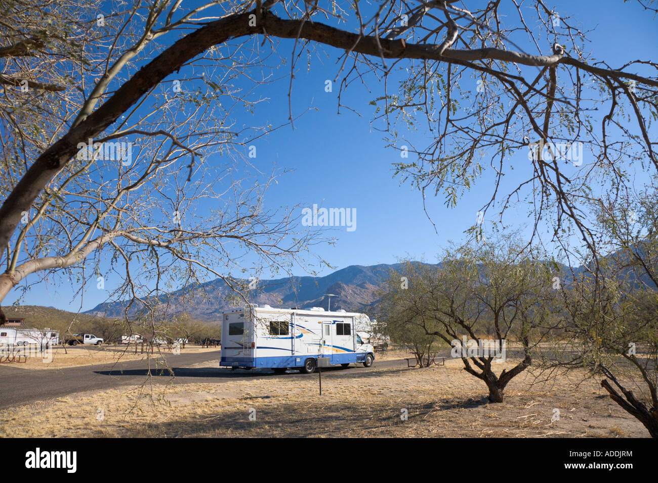 RV motorhome camper in campeggio a stato Catalina Park vicino a Tucson, Arizona, Stati Uniti d'America Foto Stock