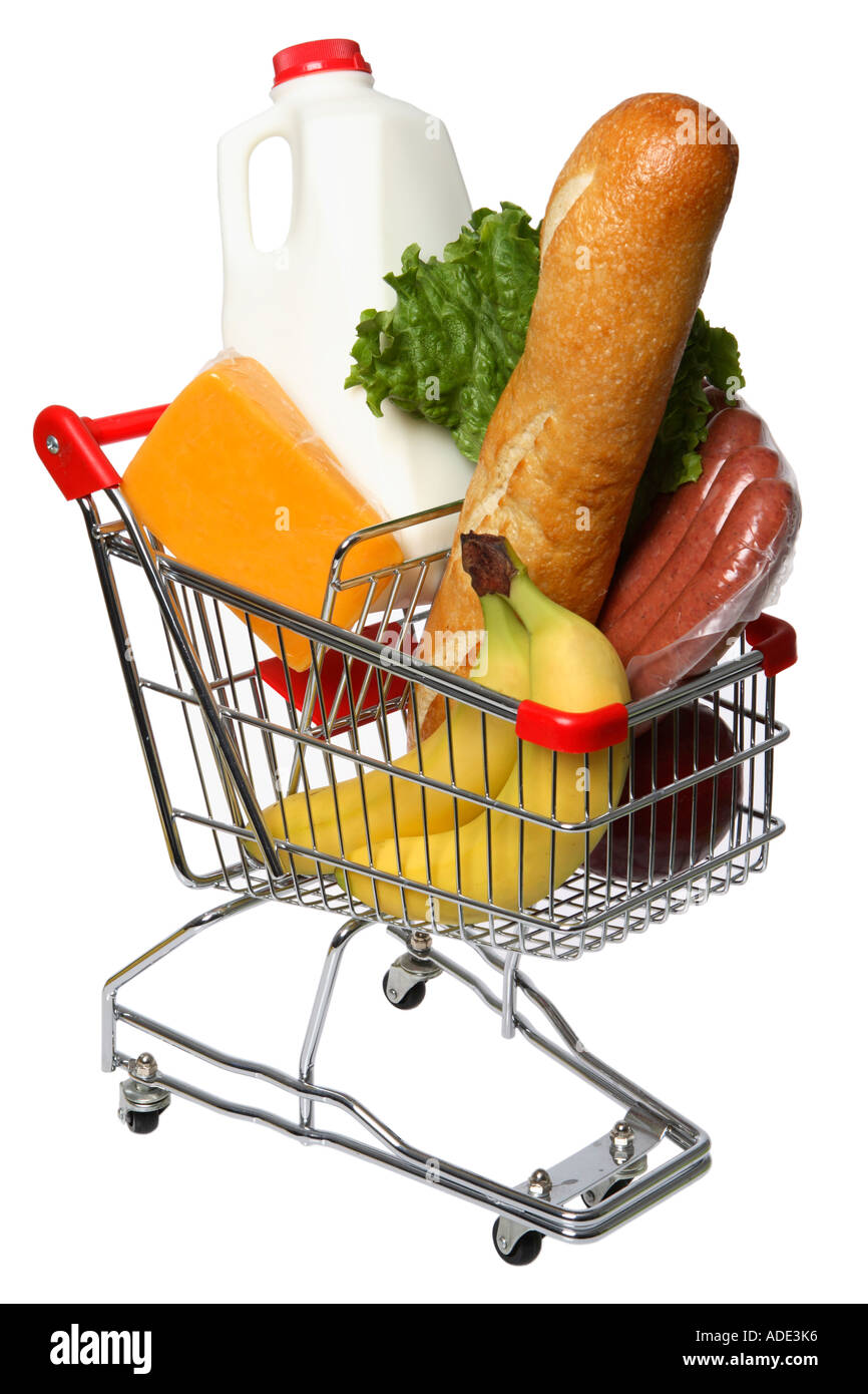 Piccolo carrello riempito con negozi di generi alimentari Foto Stock
