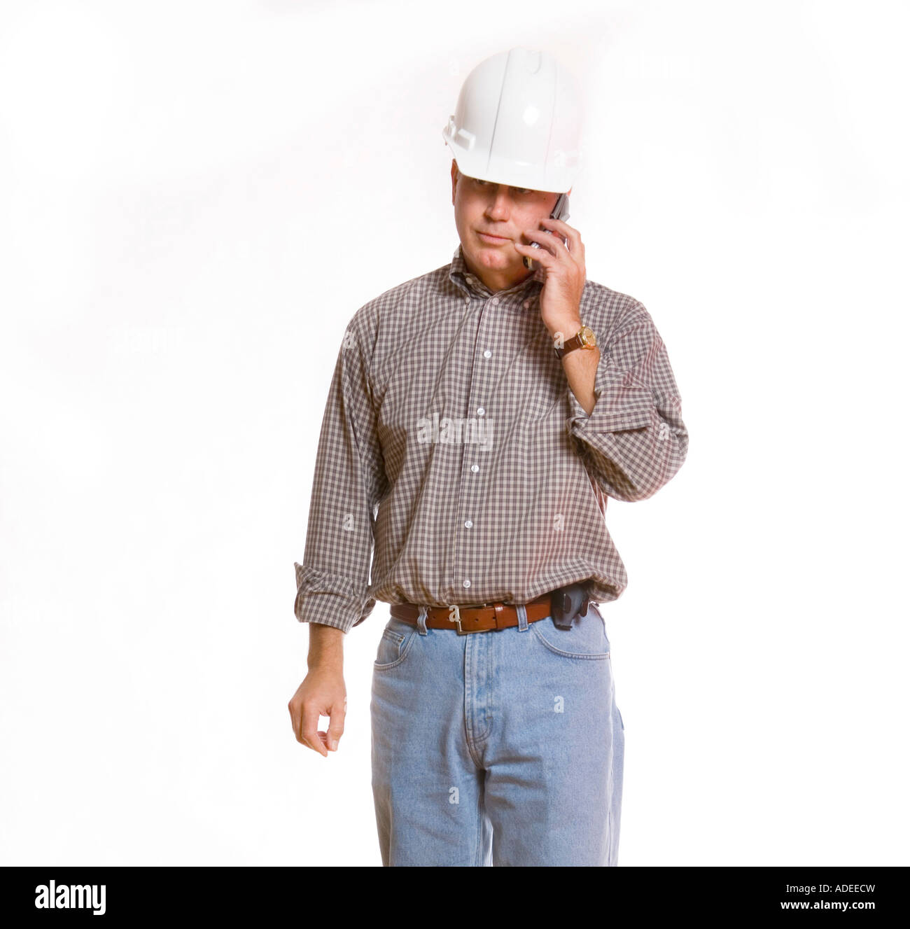 Architetto, operaio edile o foreman parlando al cellulare. Foto Stock
