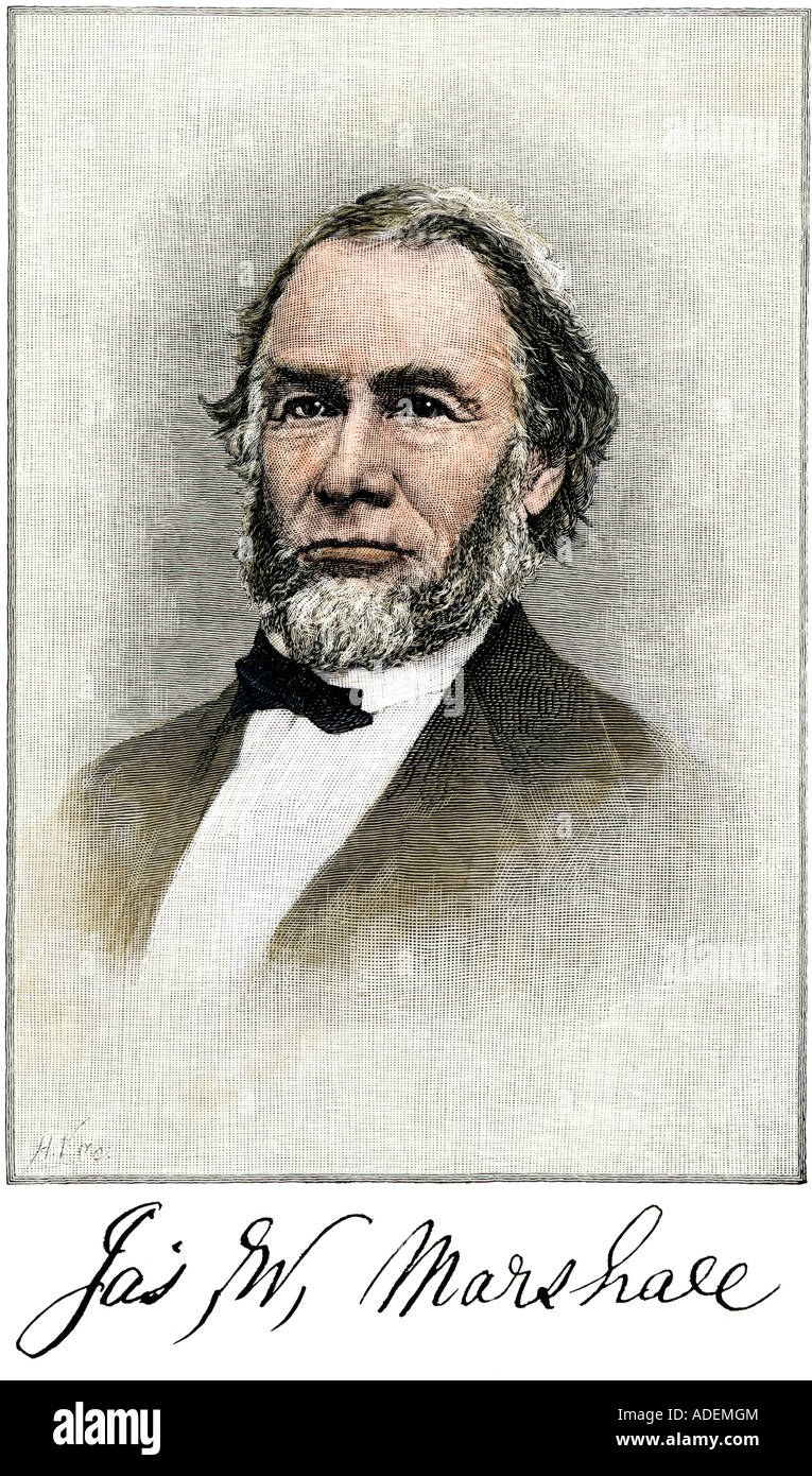James Wilson Marshall scopritore di oro in California 1848 con la sua firma. Colorate a mano la xilografia Foto Stock
