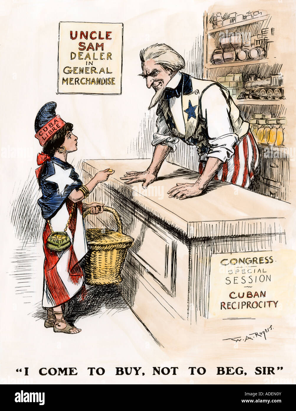 Indirizzamento di Cuba lo zio Sam, vengo ad acquistare non mendicare sir, 1903. Colorate a mano la xilografia di W. A. Rogers cartoon Foto Stock