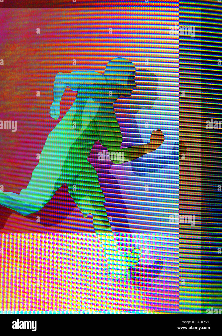 Computer illustrazione di un uomo che corre indicando il software per la tecnologia e la velocità di successo su internet Foto Stock