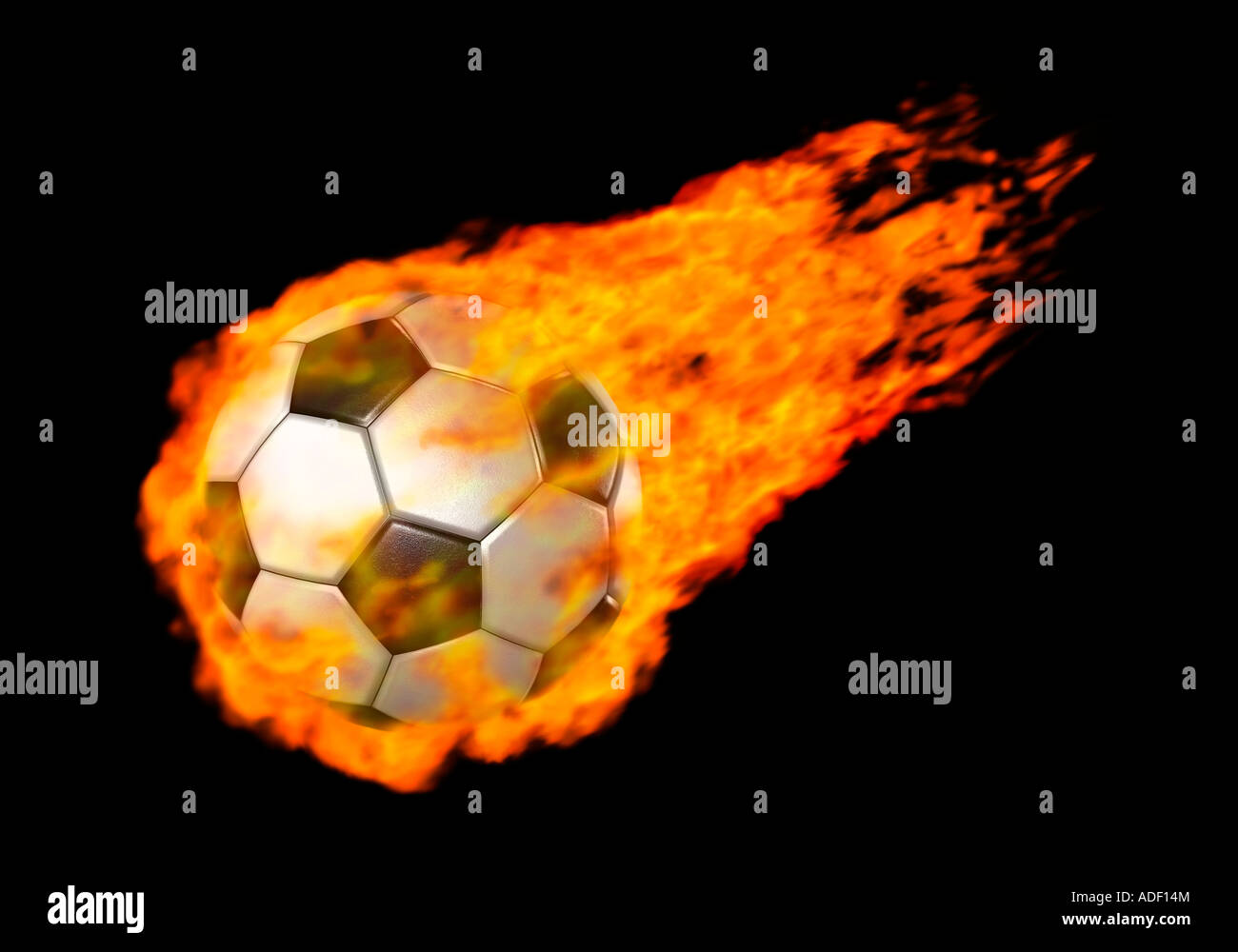 Illustrazione di un battenti la masterizzazione di pallone da calcio in fiamme rosse isolato su nero Foto Stock