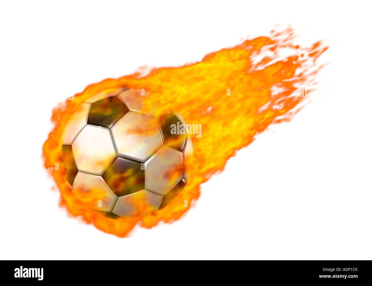 Illustrazione di un battenti la masterizzazione di pallone da calcio in fiamme rosse isolato su bianco Foto Stock