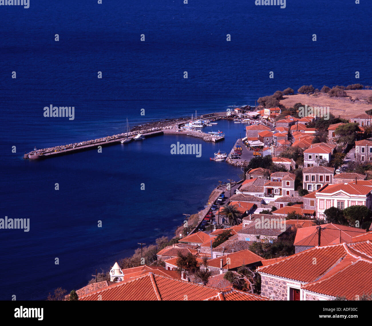 Grecia MITILENE Molyvos Village dalla Rocca Foto Stock