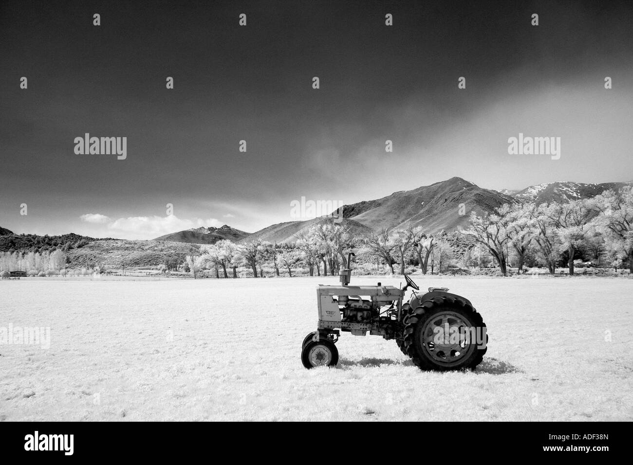 Paesaggio con il trattore, B&W Infrarossi Foto Stock