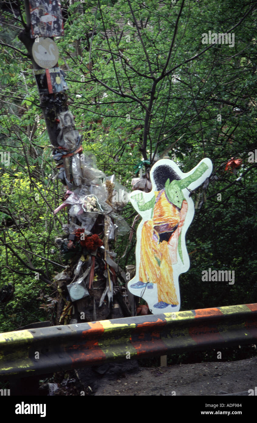 Sito dove Marc Bolan morì quando la sua auto si è schiantato nella struttura in Queens Ride Barnes a Londra Tree è decorata da ventilatori Foto Stock