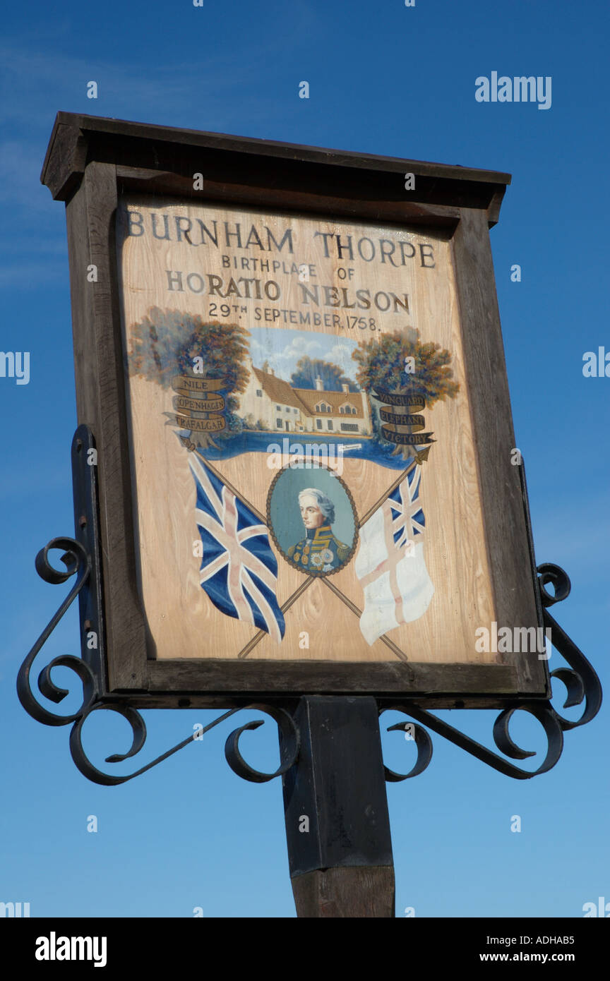 Burnham Thorpe village segno commemora Nelson's nascita qui in 1758 Foto Stock