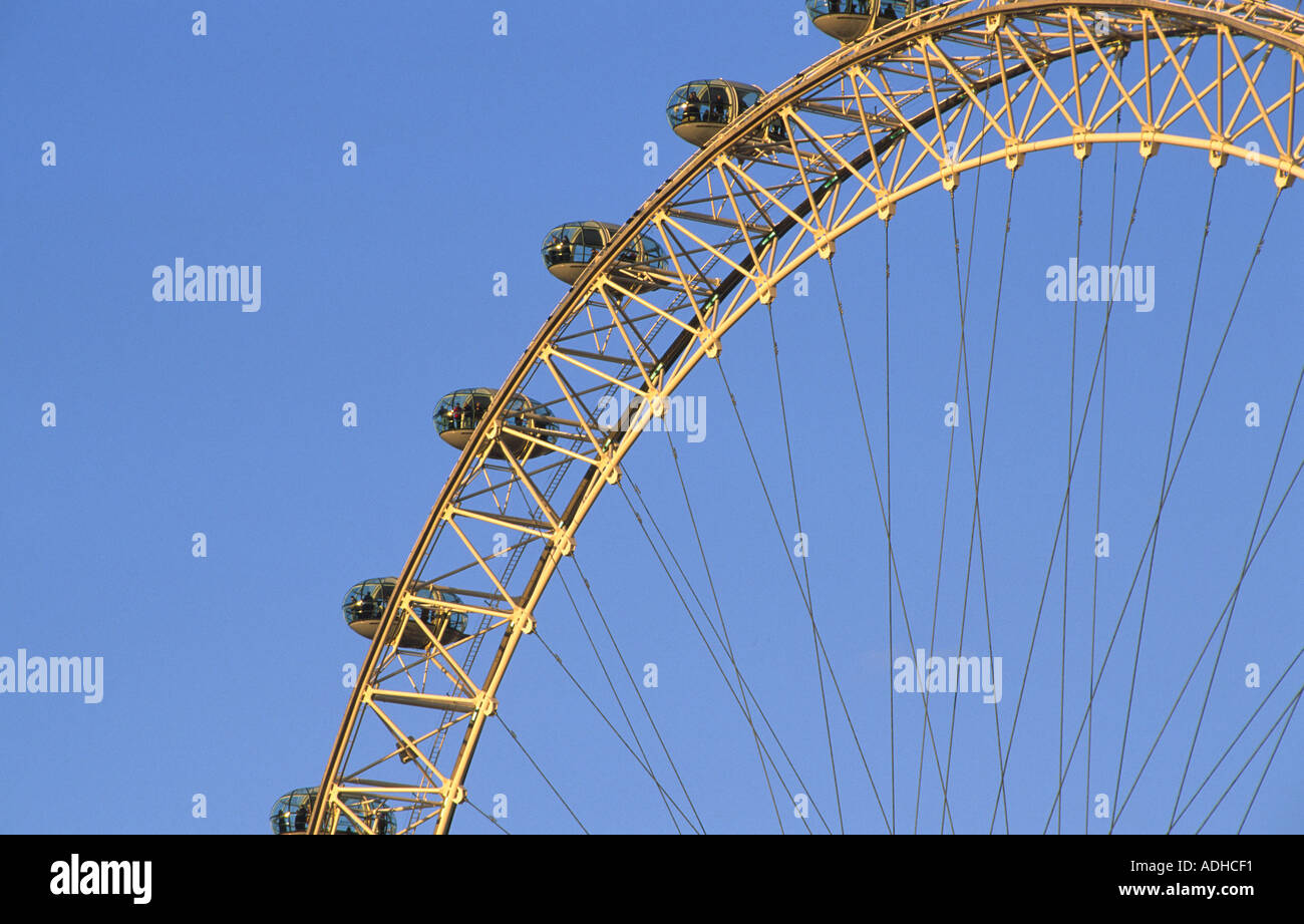 Close up dettaglio del London Eye contro un cielo blu Foto Stock