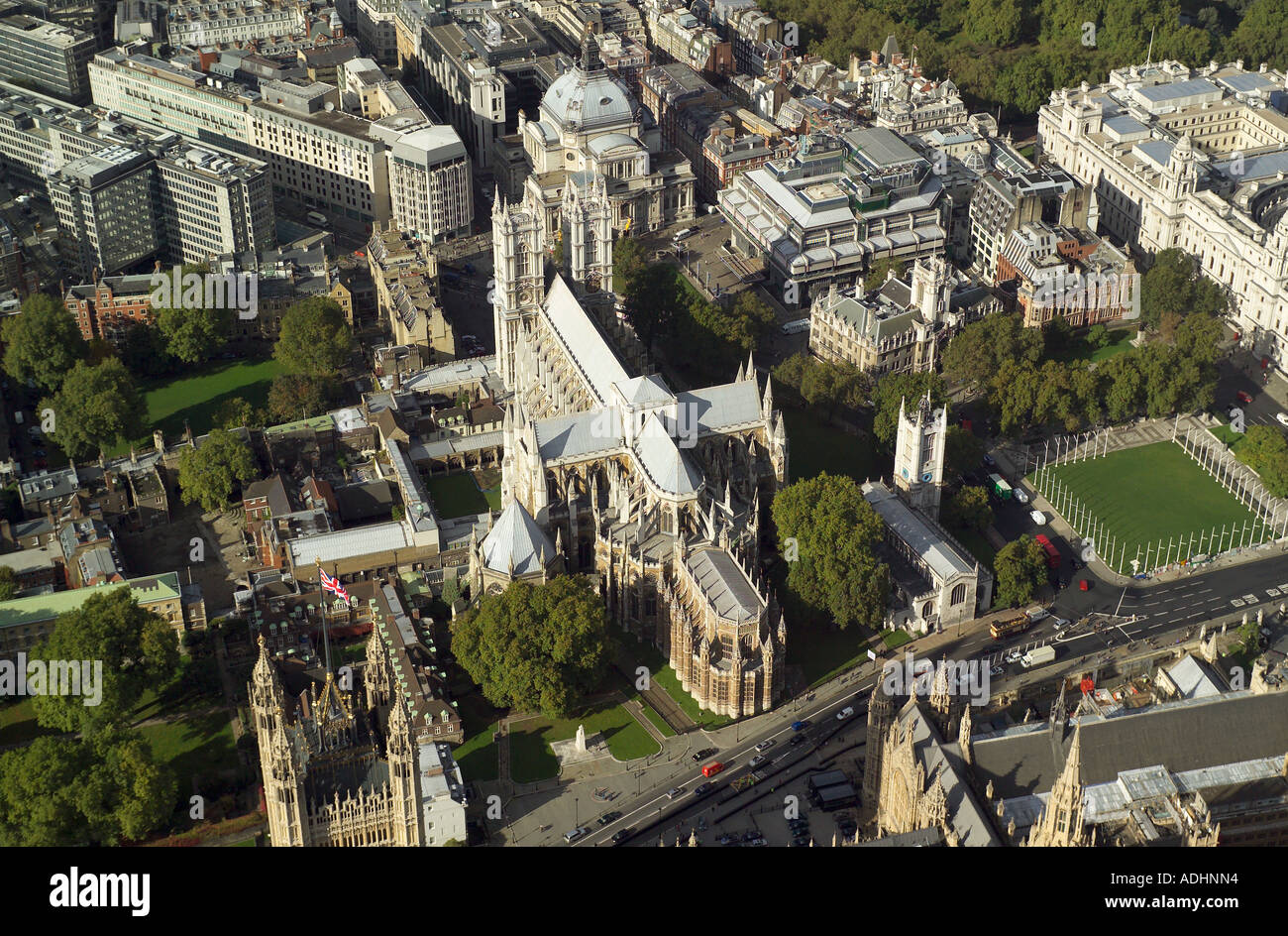 Vista aerea dell'Abbazia di Westminster a Londra, conosciuta anche come la Chiesa Collegiata di San Pietro, Westminster Foto Stock