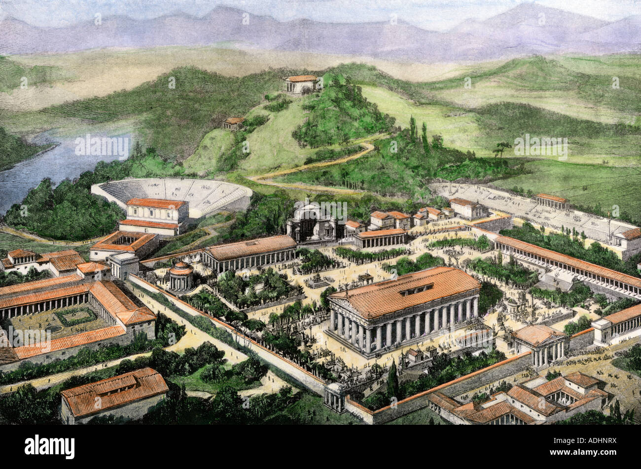Sito di Olympia del greco antico Giochi Olimpici. Colorate a mano di mezzitoni una illustrazione Foto Stock