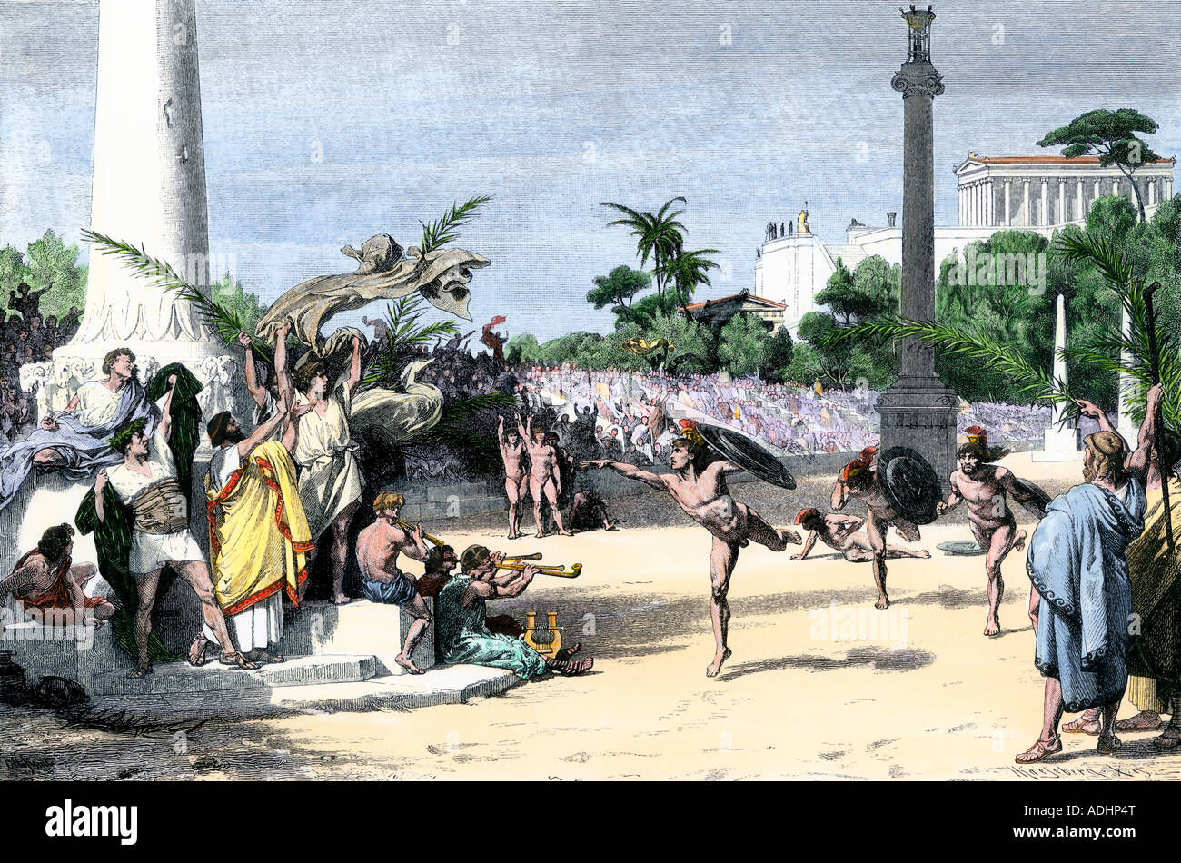 Racers allietati al traguardo nei giochi olimpici in Grecia antica. Colorate a mano la xilografia Foto Stock