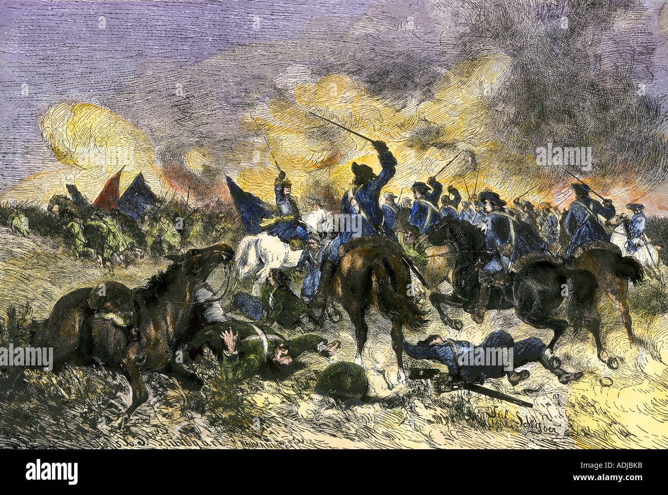 Carlo XII portando l'esercito svedese per la vittoria su i Russi nella Battaglia di Narva 1700. Colorate a mano la xilografia Foto Stock