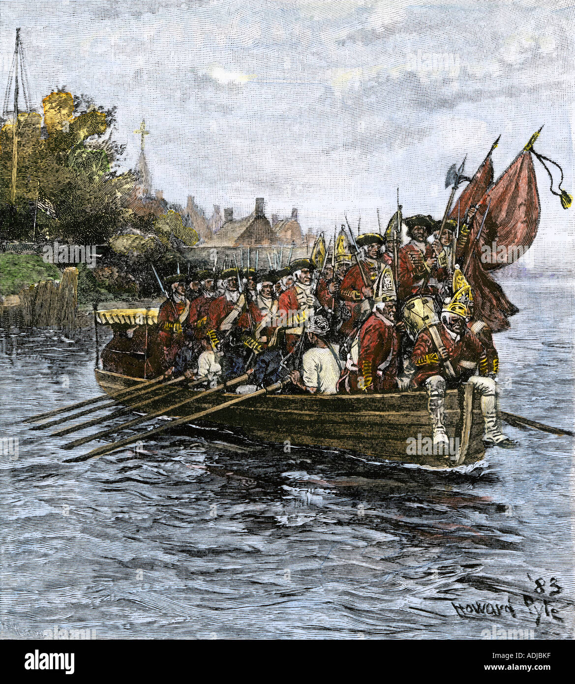 Ultimo vagone di truppe britanniche evacuando la città di New York nel 1783. Colorate a mano la xilografia Foto Stock