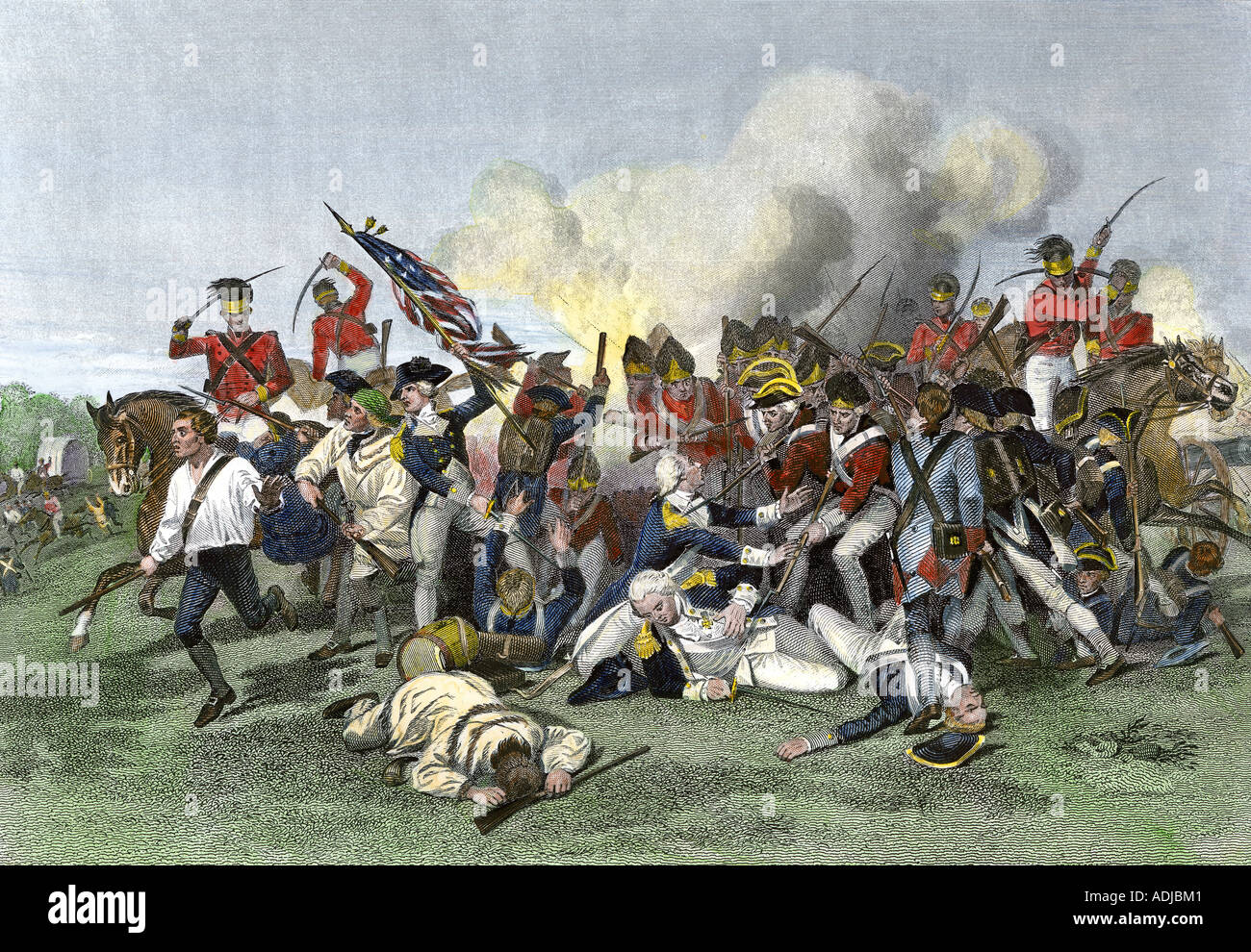 La morte del generale Johann de Kalb nella battaglia di Camden Carolina del Sud durante la Rivoluzione Americana 1780. Colorate a mano l'incisione Foto Stock